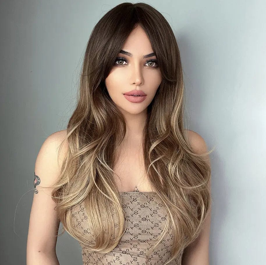 Fast delivery. Synthetic Ombre Brown To Blonde Highlights Wig for Women Natural Hair Wig Long Wave Wigs Heat Resistant