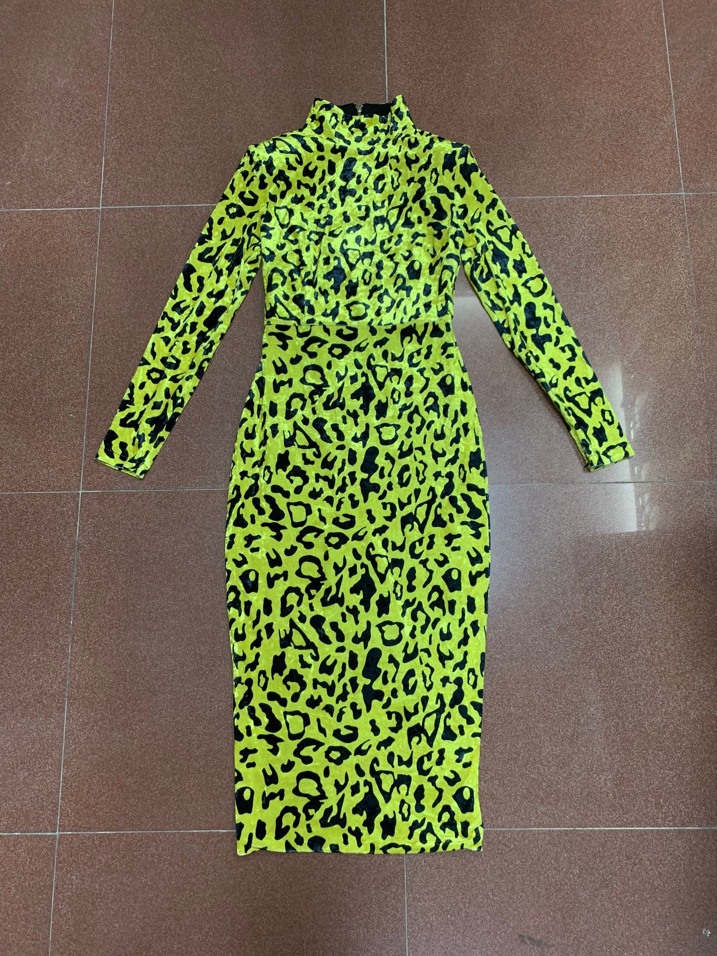 FD2112 New Autumn Fashion Hot Style Elegant High Neck Long Sleeve Leopard Print Velvet Dress