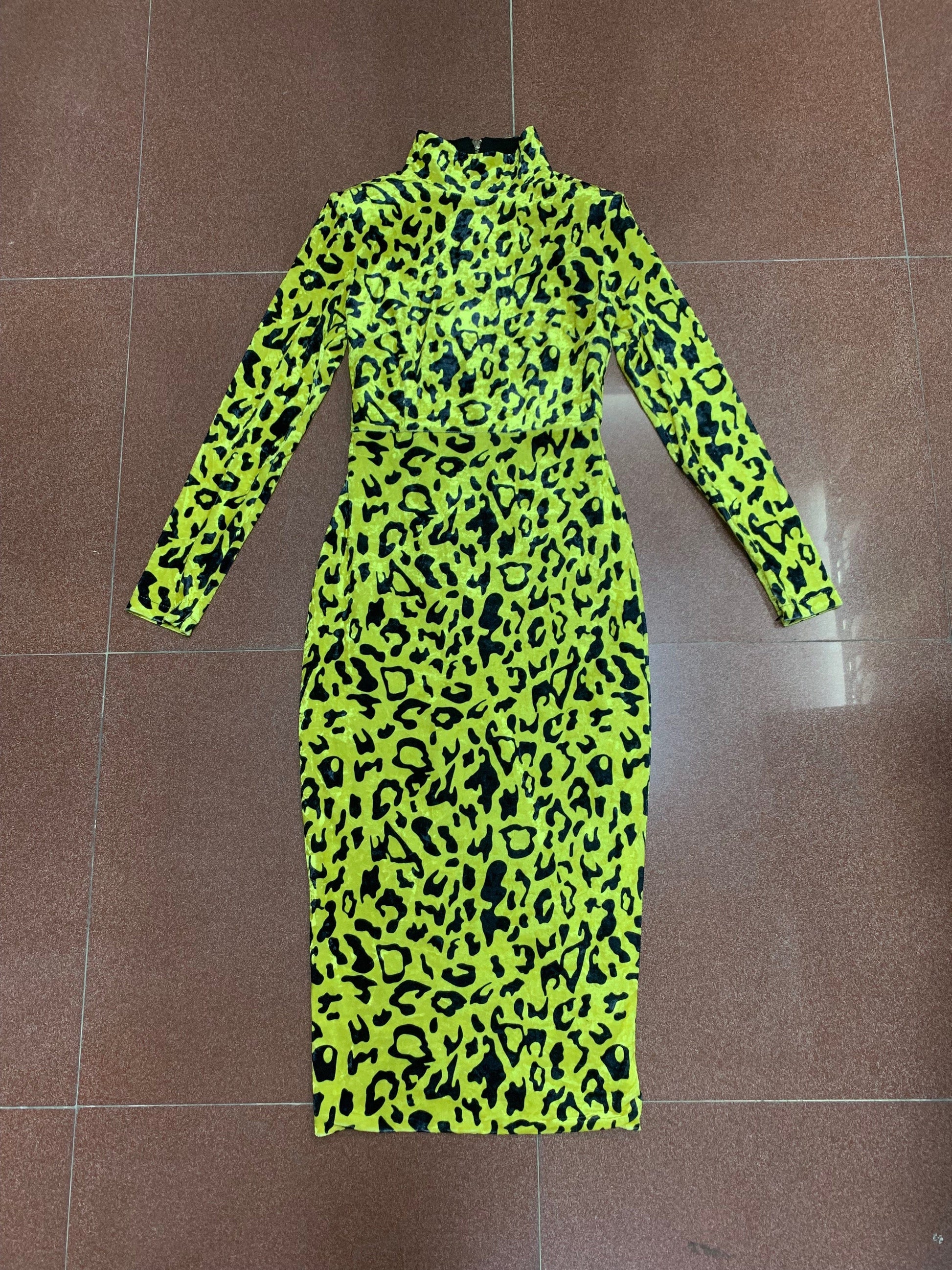 FD2112 New Autumn Fashion Hot Style Elegant High Neck Long Sleeve Leopard Print Velvet Dress