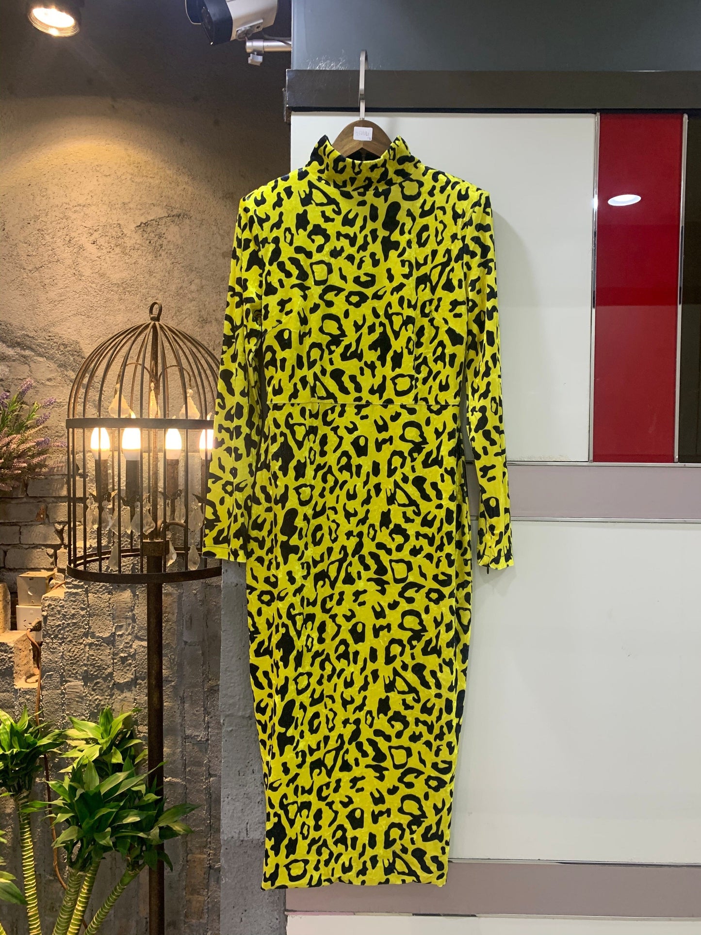 FD2112 New Autumn Fashion Hot Style Elegant High Neck Long Sleeve Leopard Print Velvet Dress