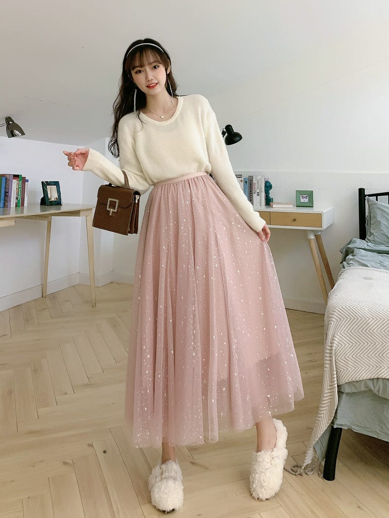 Female 2022 Starry Sky Sparkling Mesh Tulle Long Skirt VD1693 Korean Style High Waist Black Grey Women Skirt faldas