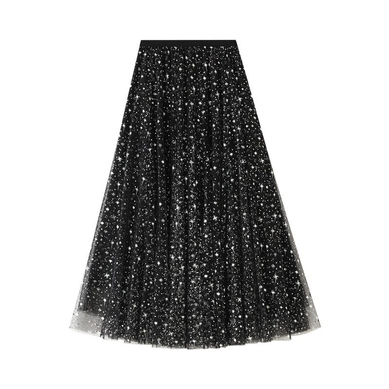 Female 2022 Starry Sky Sparkling Mesh Tulle Long Skirt VD1693 Korean Style High Waist Black Grey Women Skirt faldas