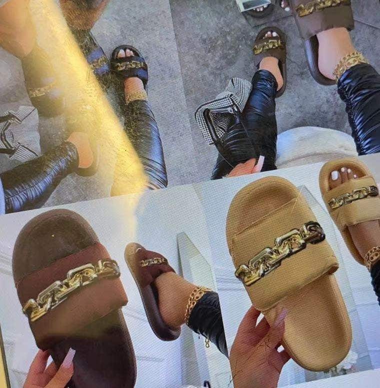 Female Large Size Shoes Big Metal Artificial Leather Slides Twist Chain Slippers Summer Women Beach Open Toe Flat Sandals