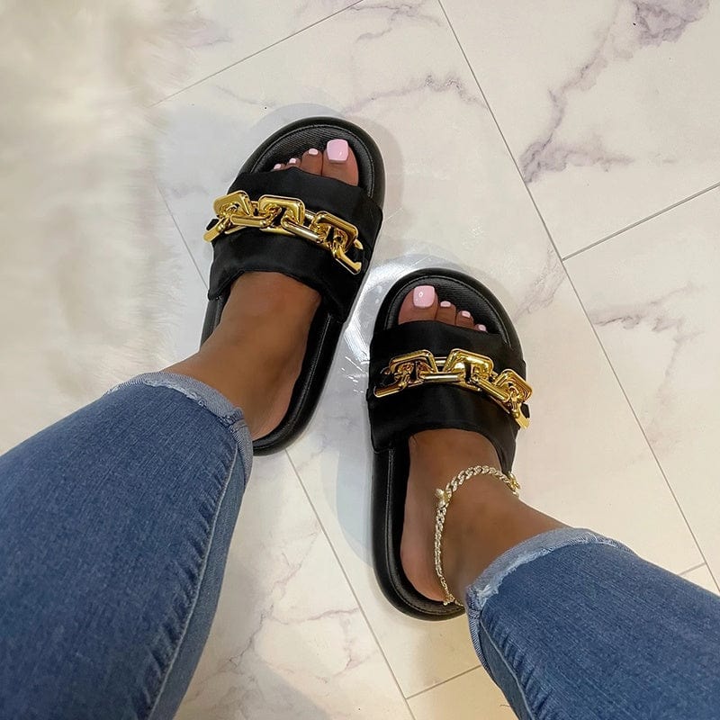 Female Large Size Shoes Big Metal Artificial Leather Slides Twist Chain Slippers Summer Women Beach Open Toe Flat Sandals