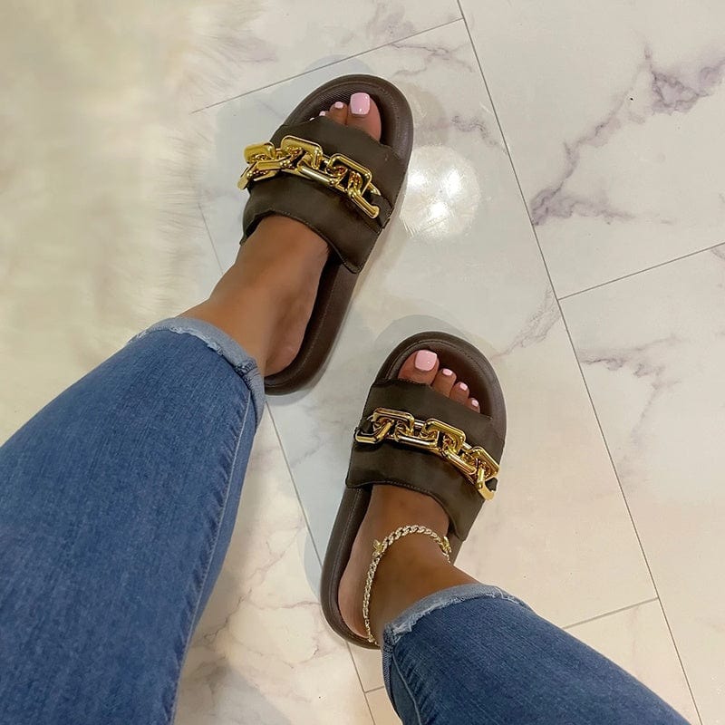 Female Large Size Shoes Big Metal Artificial Leather Slides Twist Chain Slippers Summer Women Beach Open Toe Flat Sandals