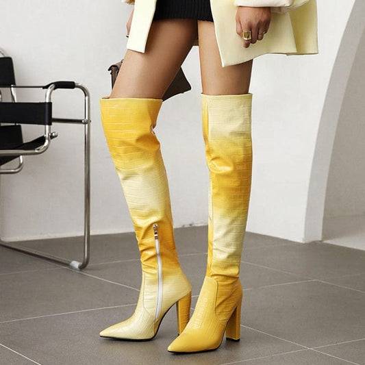 Female Over the Knee High Heel Boots Sexy Gradient Pointed Toe Thick Heel Knee Boots for Ladies High Quality Chengdu Shoes