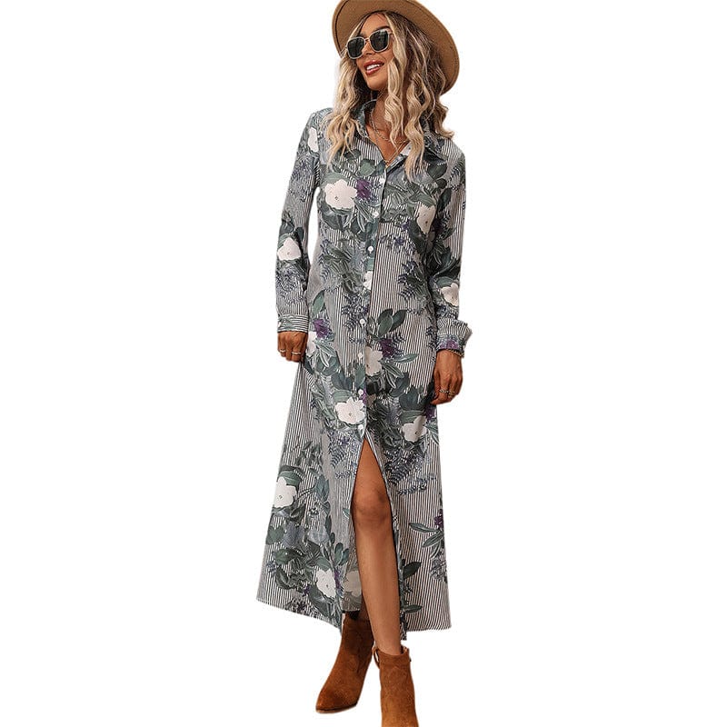 Floral Print Fashion Autumn V Neck Long Women Dress Maxi Casual Dress Elegant Beach Bohemian Ladies Shirt Dresses