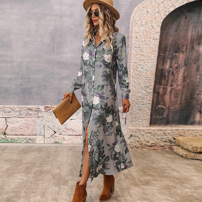 Floral Print Fashion Autumn V Neck Long Women Dress Maxi Casual Dress Elegant Beach Bohemian Ladies Shirt Dresses