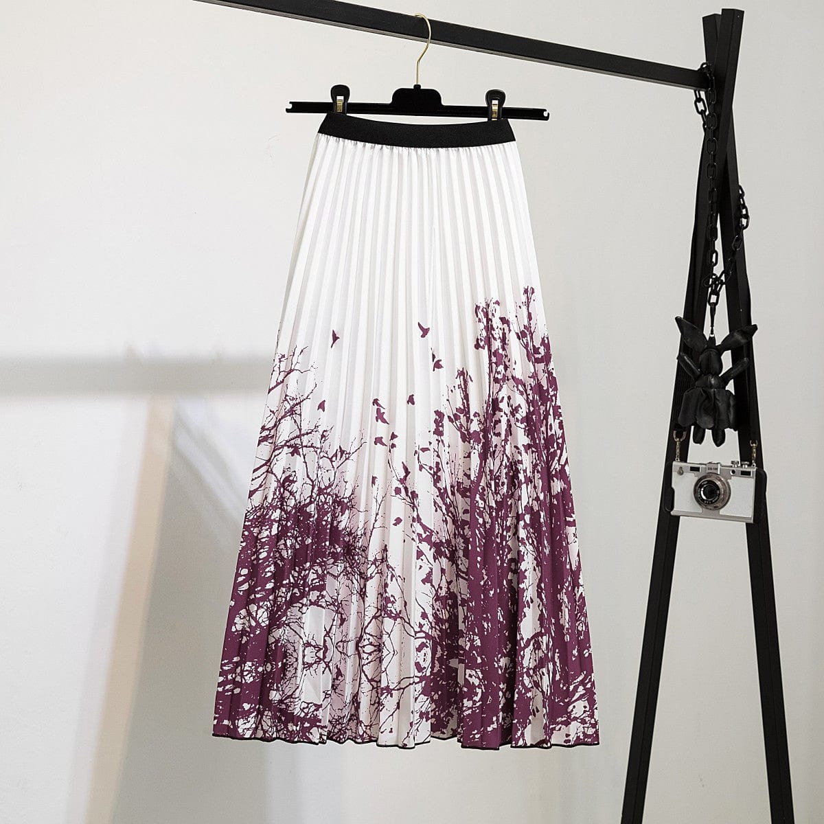 Free / 082 Summer Midi Skirts Women Printed Elastic High Waist A Line Swing Pleated Skirt