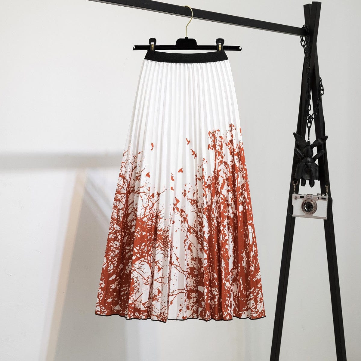 Free / 083 Summer Midi Skirts Women Printed Elastic High Waist A Line Swing Pleated Skirt