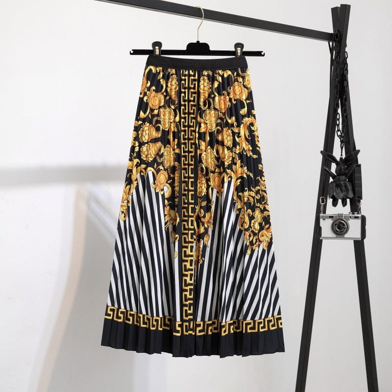 Free / 091 Summer Midi Skirts Women Printed Elastic High Waist A Line Swing Pleated Skirt