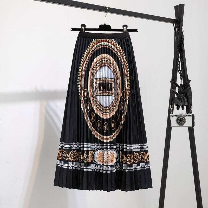 Free / 092 Summer Midi Skirts Women Printed Elastic High Waist A Line Swing Pleated Skirt