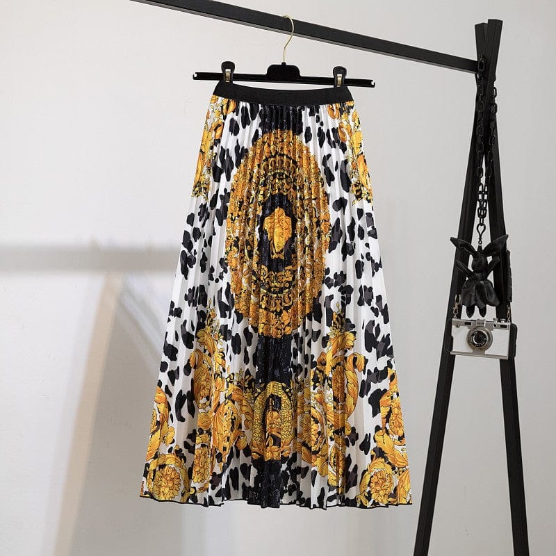 Free / 093 Summer Midi Skirts Women Printed Elastic High Waist A Line Swing Pleated Skirt