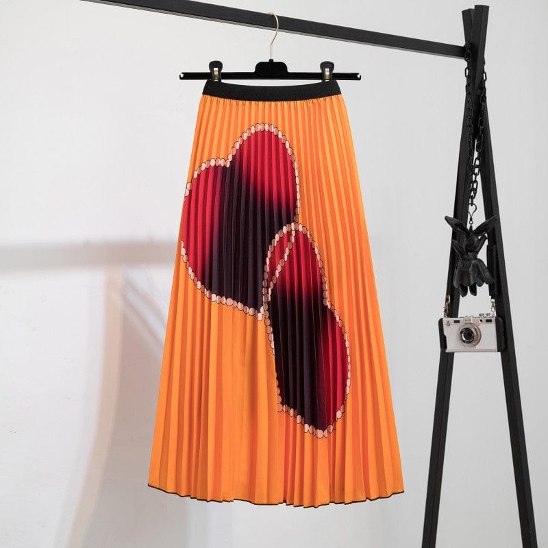 Free / 095 Summer Midi Skirts Women Printed Elastic High Waist A Line Swing Pleated Skirt