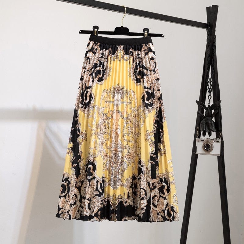 Free / 111 Summer Midi Skirts Women Printed Elastic High Waist A Line Swing Pleated Skirt