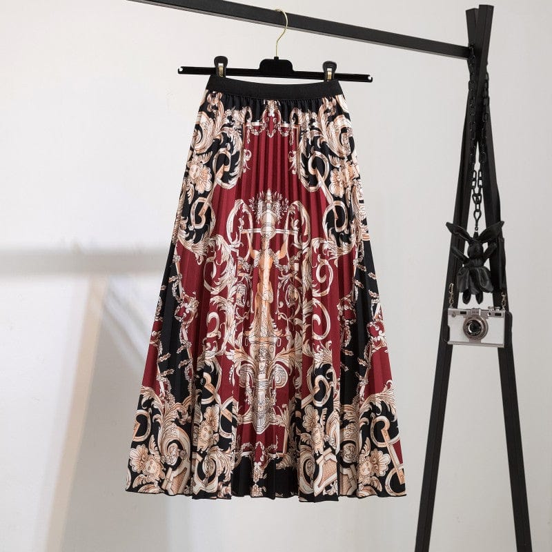 Free / 112 Summer Midi Skirts Women Printed Elastic High Waist A Line Swing Pleated Skirt