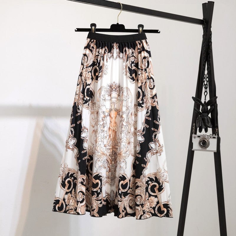 Free / 113 Summer Midi Skirts Women Printed Elastic High Waist A Line Swing Pleated Skirt