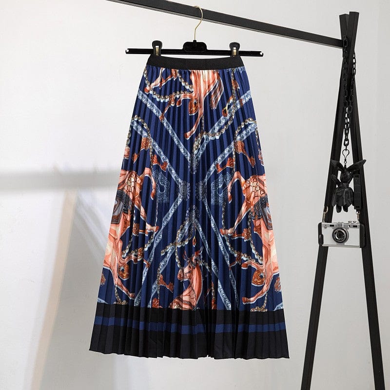 Free / 115 Summer Midi Skirts Women Printed Elastic High Waist A Line Swing Pleated Skirt