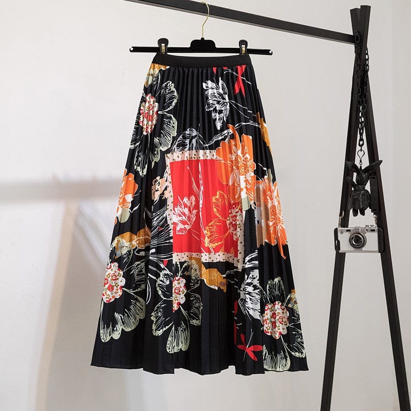 Free / 117 Summer Midi Skirts Women Printed Elastic High Waist A Line Swing Pleated Skirt