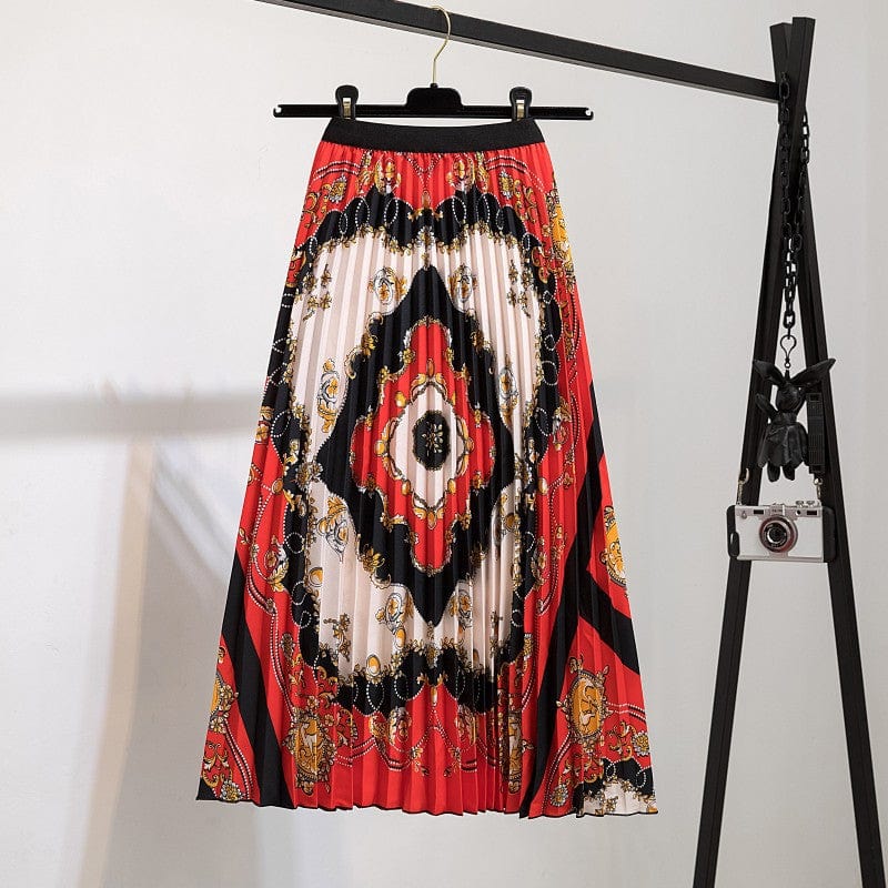 Free / 118 Summer Midi Skirts Women Printed Elastic High Waist A Line Swing Pleated Skirt