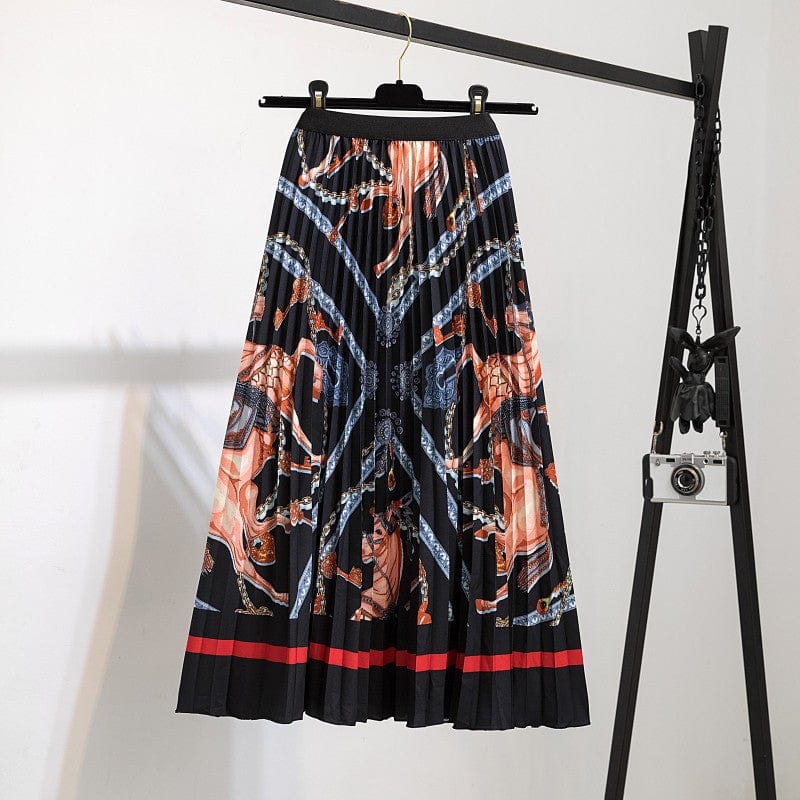 Free / 119 Summer Midi Skirts Women Printed Elastic High Waist A Line Swing Pleated Skirt