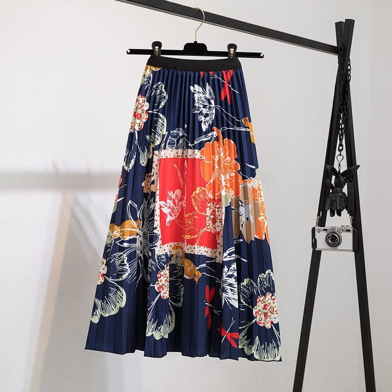 Free / 120 Summer Midi Skirts Women Printed Elastic High Waist A Line Swing Pleated Skirt