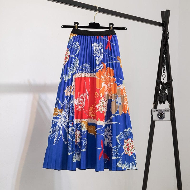 Free / 121 Summer Midi Skirts Women Printed Elastic High Waist A Line Swing Pleated Skirt