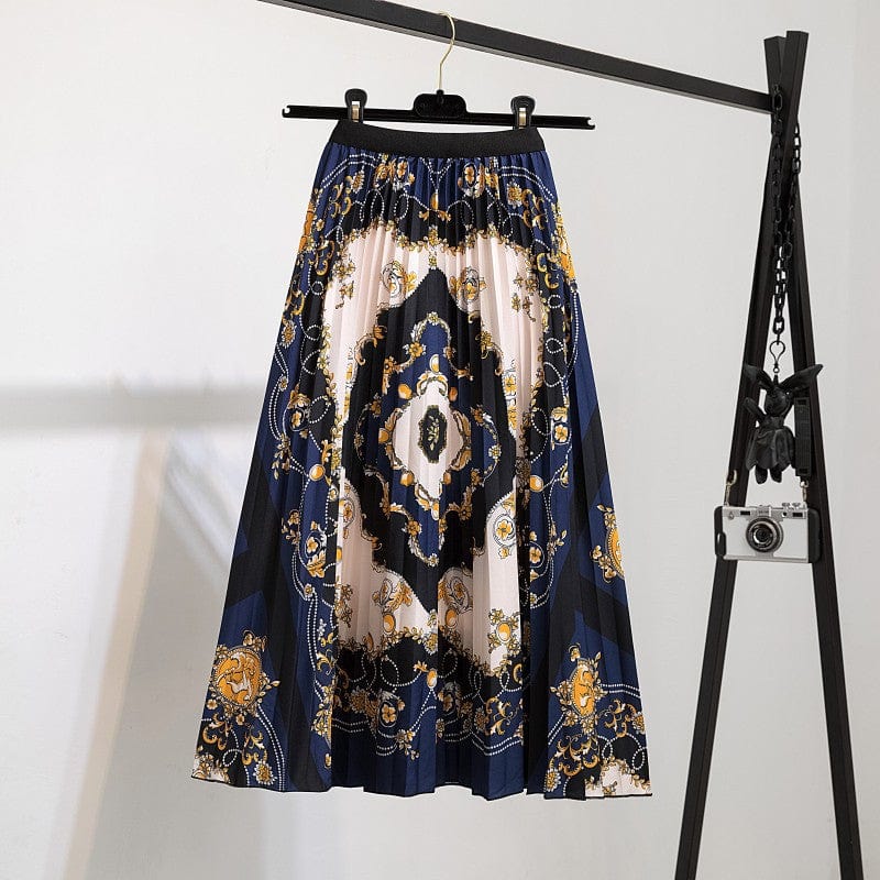 Free / 122 Summer Midi Skirts Women Printed Elastic High Waist A Line Swing Pleated Skirt