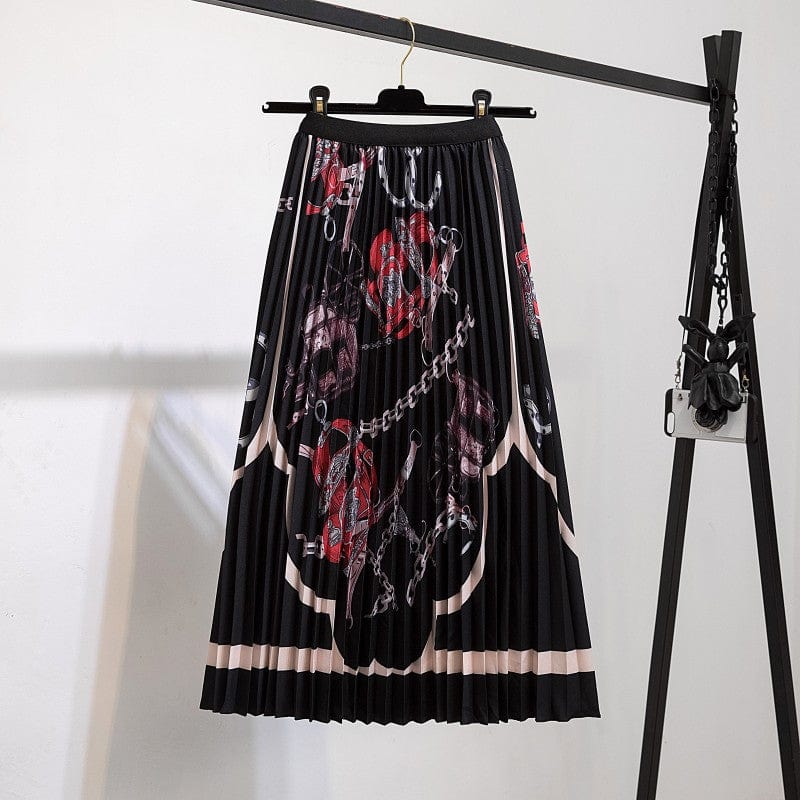 Free / 126 Summer Midi Skirts Women Printed Elastic High Waist A Line Swing Pleated Skirt