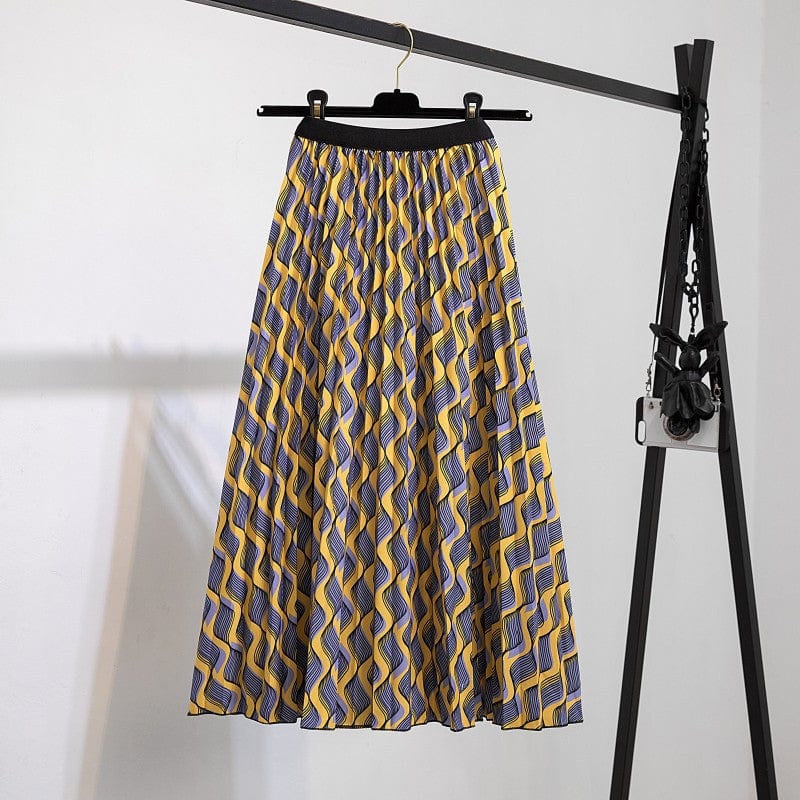 Free / 128 Summer Midi Skirts Women Printed Elastic High Waist A Line Swing Pleated Skirt