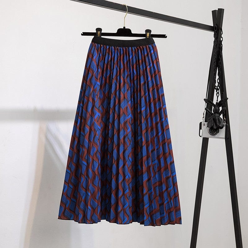 Free / 129 Summer Midi Skirts Women Printed Elastic High Waist A Line Swing Pleated Skirt