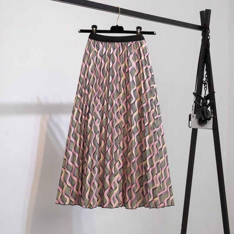 Free / 130 Summer Midi Skirts Women Printed Elastic High Waist A Line Swing Pleated Skirt