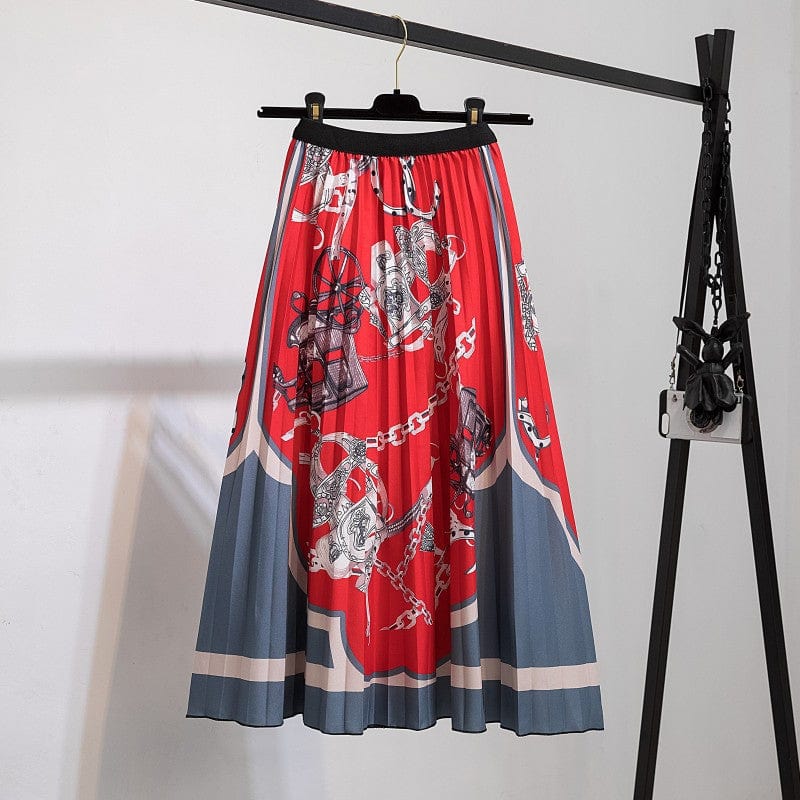 Free / 131 Summer Midi Skirts Women Printed Elastic High Waist A Line Swing Pleated Skirt