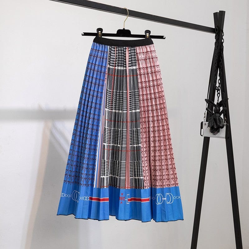 Free / 133 Summer Midi Skirts Women Printed Elastic High Waist A Line Swing Pleated Skirt