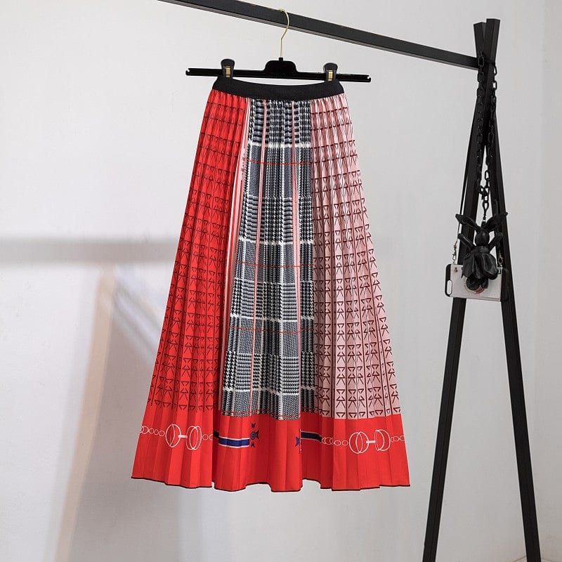 Free / 134 Summer Midi Skirts Women Printed Elastic High Waist A Line Swing Pleated Skirt