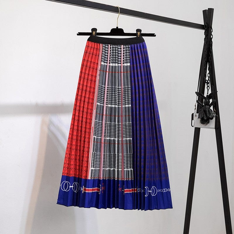 Free / 135 Summer Midi Skirts Women Printed Elastic High Waist A Line Swing Pleated Skirt