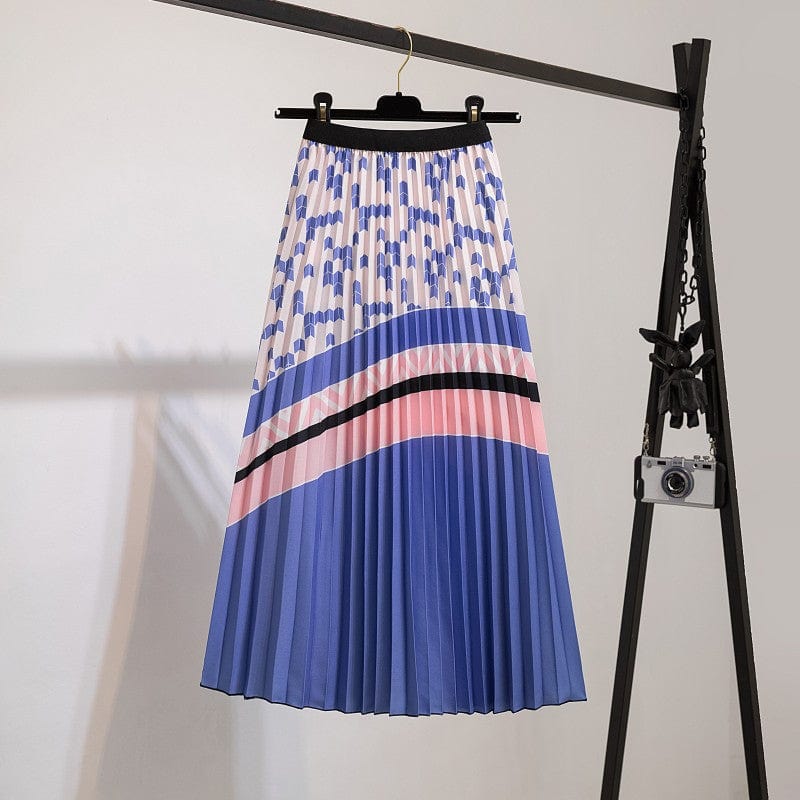 Free / 136 Summer Midi Skirts Women Printed Elastic High Waist A Line Swing Pleated Skirt