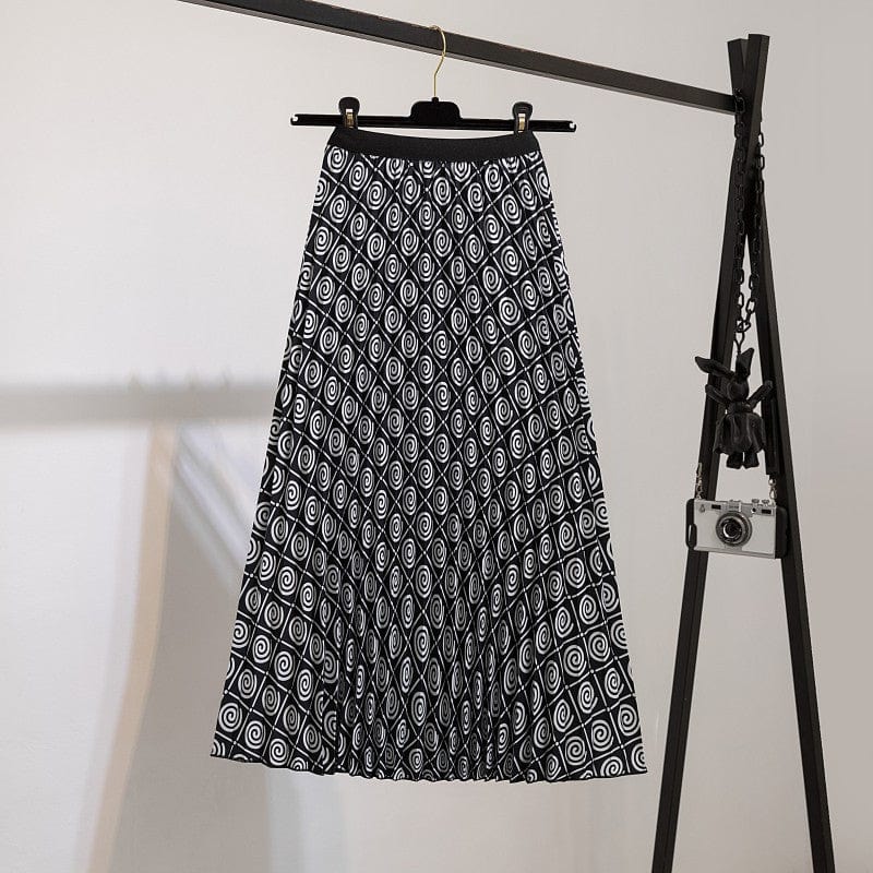 Free / 138 Summer Midi Skirts Women Printed Elastic High Waist A Line Swing Pleated Skirt