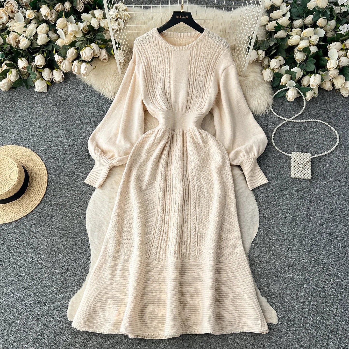 Free / apricot Fall And Winter New Sweater Round Neck Waisted Mid-Length Bubble Sleeve Knit Dresses