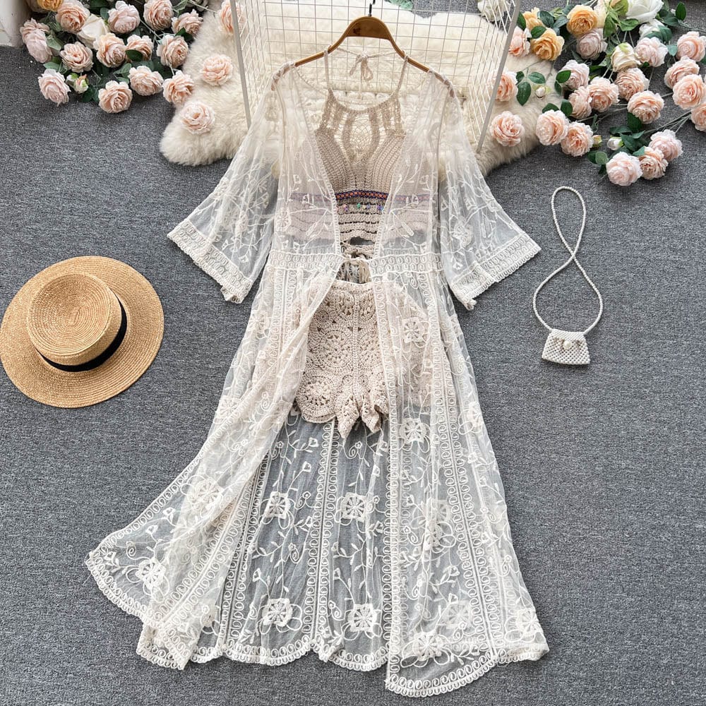 Free / apricot New Arrival Factory Knee Length Lace Fabric Sun Protect Cover Ups For Women