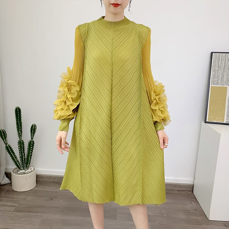 Free / bean green OUDINA Wholesale Women's Dresses 2023 V-neck Bat Sleeve Printed Casual Elegant Dress Long Pleated Maxi Dress