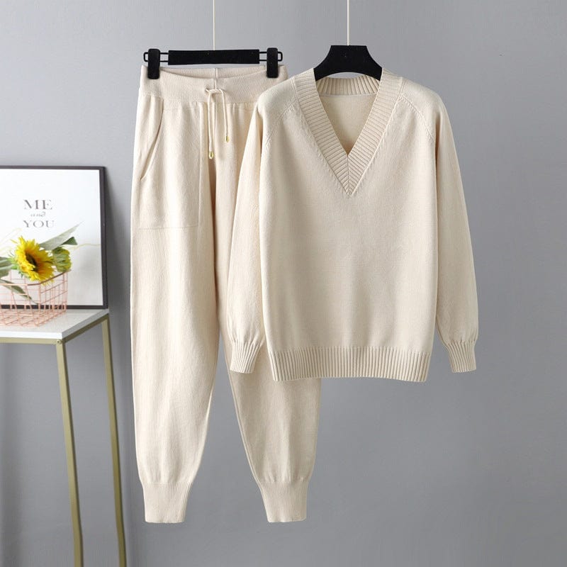 Free / Beige 10%OFF One Size Autumn/Winter New Sweater Harem Pants With Pocket Suit Casual V-Neck Sweater Pullover Two Piece Set