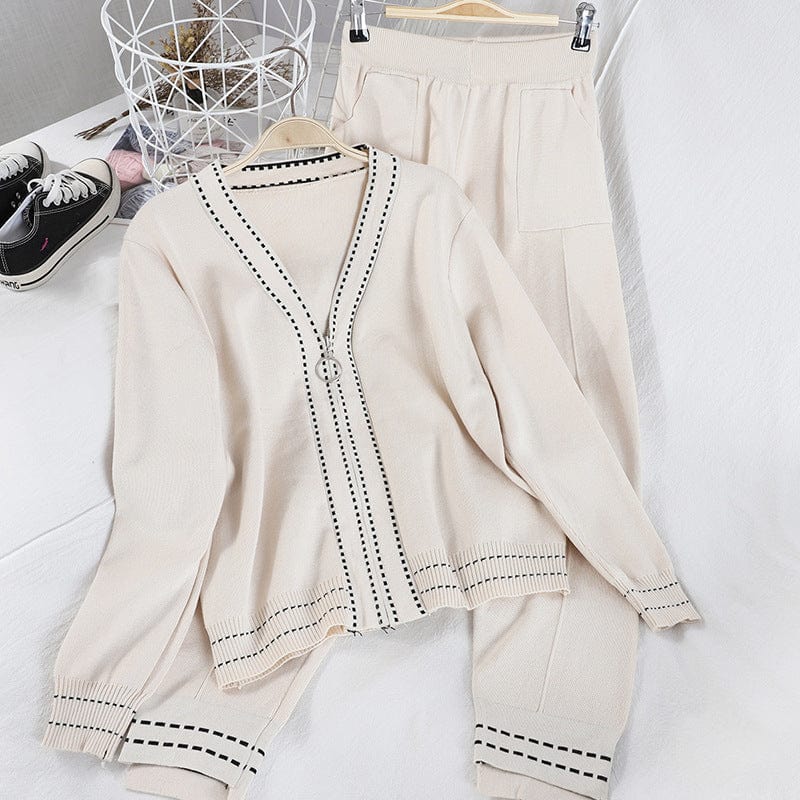 Free / Beige Fall winter ladies causal knitwear zipper cardigan sweater set for women 2 two piece knit pant matching set plain women's sets