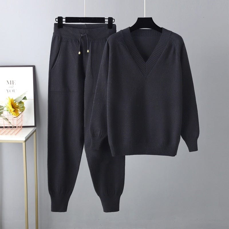 Free / Black 10%OFF One Size Autumn/Winter New Sweater Harem Pants With Pocket Suit Casual V-Neck Sweater Pullover Two Piece Set