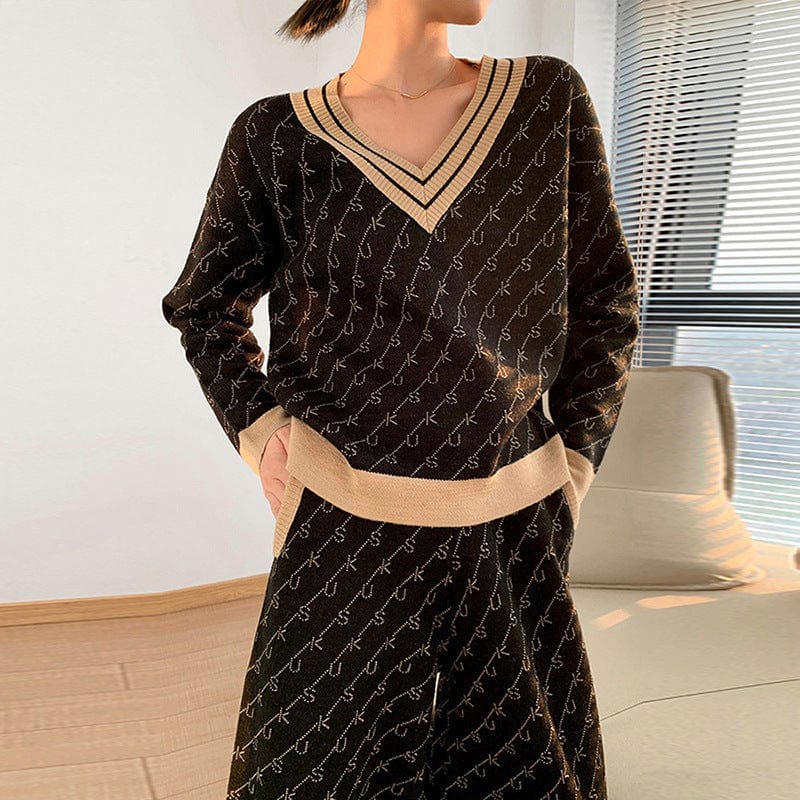 Free / black 2022 New Fall Winter Casual Fashion Knit Wide Leg Trouser Set Tempera Slim Sweater Jacquard Two Piece Set