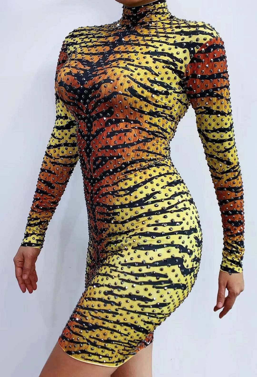 Free / Black AD1364 Full Beaded Animal Tiger Print Bodysuit Party Mini Dress Vestidos Para Mujer Sexy Dancing Girl Costume