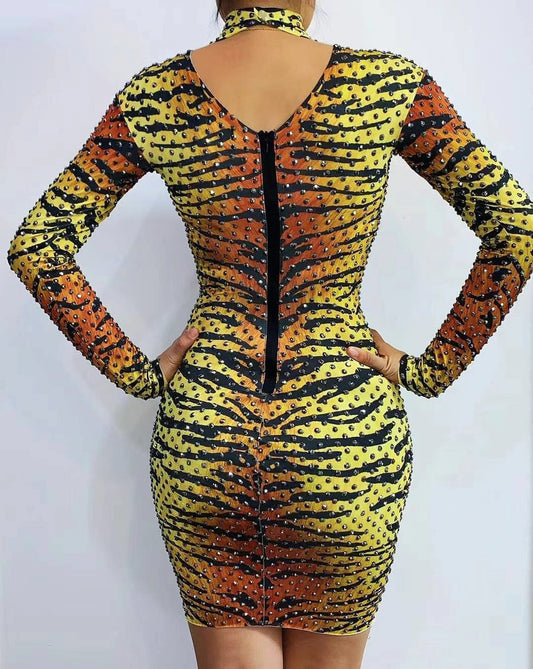 Free / Black AD1364 Full Beaded Animal Tiger Print Bodysuit Party Mini Dress Vestidos Para Mujer Sexy Dancing Girl Costume