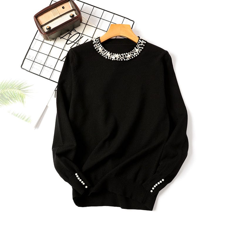 Free / Black Autumn and winter new one size bead collar pullover sweater round neck long sleeve knitted loose women's bottoming shirt