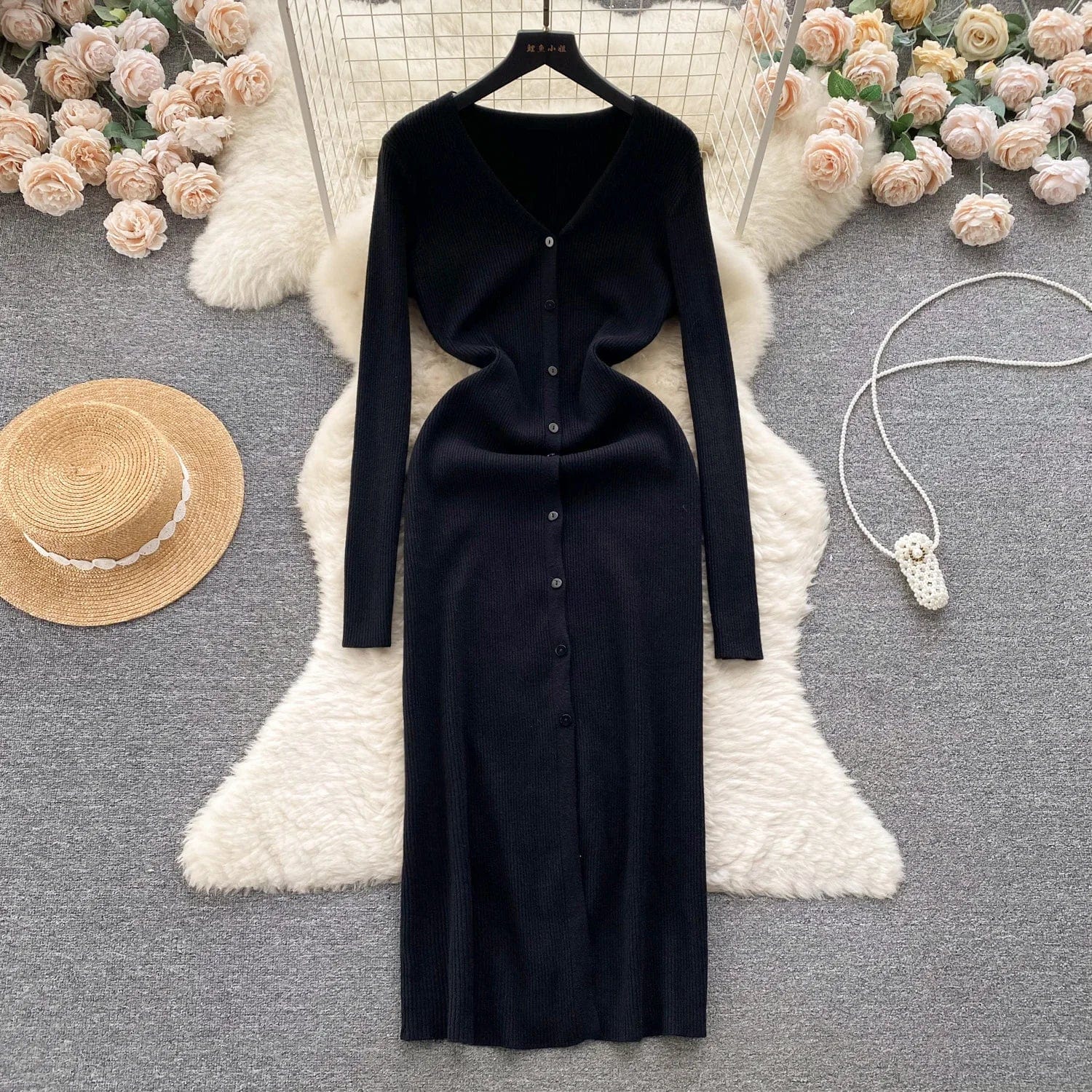 Free / Black Autumn and Winter Underlay Knitted Dress 2024 New Sweater Skirt Korean Version Elegant High Quality Waist Wrapped Skirt