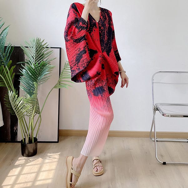 Free / black Fall street wear kimono sleeve tie dye printed ladies casual dress fashion pleated elegant V neck long maxi women's dresses